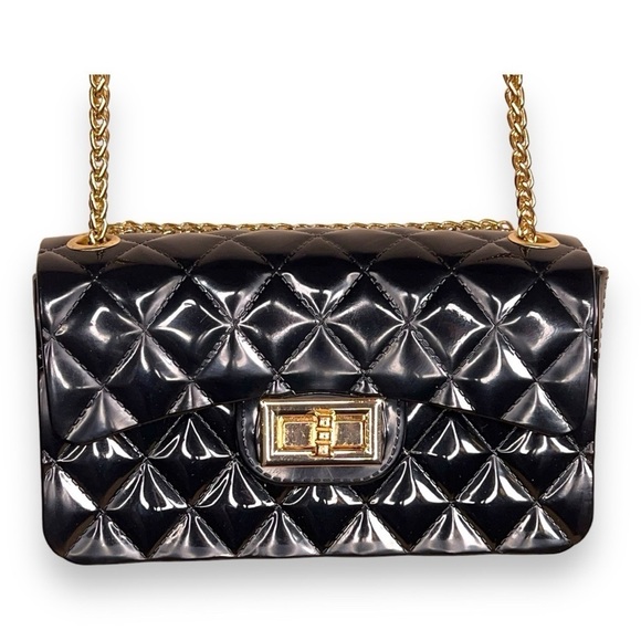 SMALL BLACK GOLD JELLY PURSE SMALL GOTH GLAM QUILTED LOOK - Picture 1 of 15